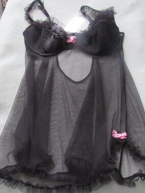Victoria's Secret Black Nighty See Thru Pink Bows  Size 36C  USED